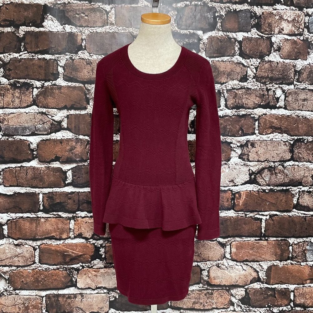 Sandro Paris Dress Peplum Knit Burgundy Red Chevron Long Sleeves Size 2 4 - Picture 2 of 15